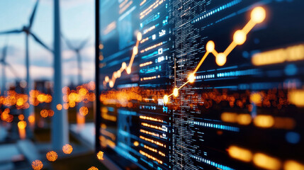 Wind turbine farm with digital analytics tools showcasing data trends and insights, highlighting renewable energy impact on sustainability and efficiency