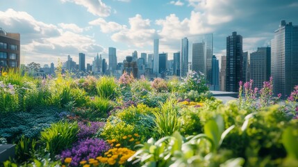 A vibrant urban rooftop garden filled with a variety of lush green plants and flowers, with a view of a bustling city skyline in the background