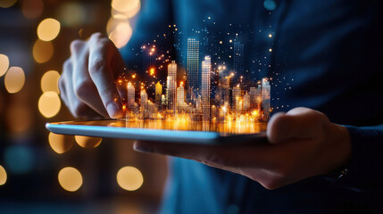 Digital cityscape visualization on tablet, showcasing smart urban design and innovation. glowing skyline represents future technology and urban development