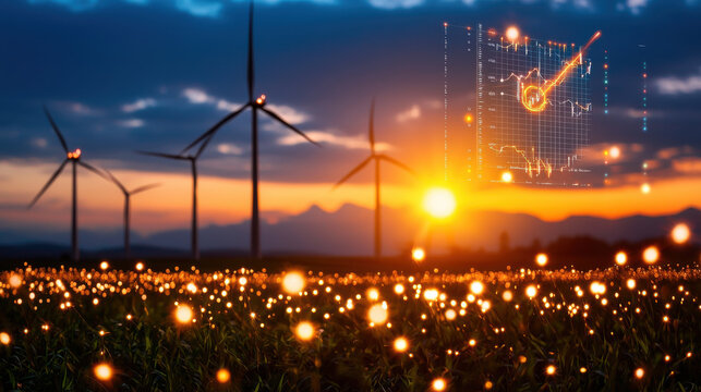 wind turbine farm at sunset with digital analytics tools showcasing energy data. scene captures beauty of renewable energy and technology in harmony - Powered by Adobe