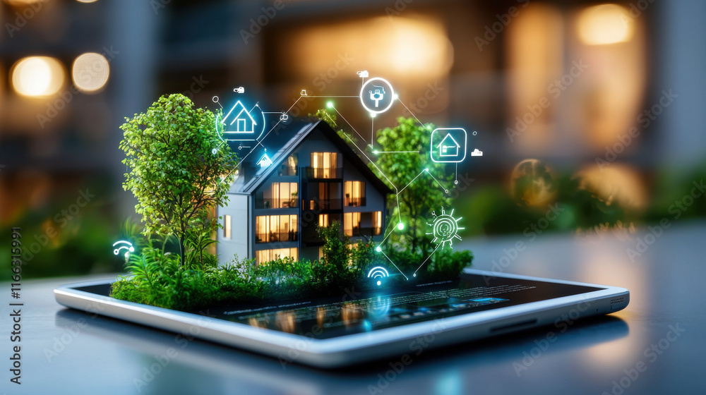 Leinwandbilder digital architecture presentation showcasing smart home model on tablet, surrounded by greenery and 