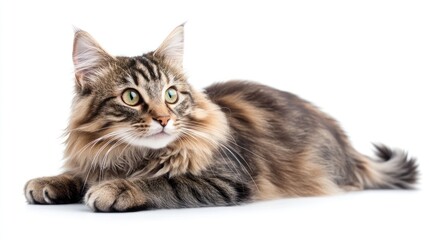 Naklejka premium A fluffy cat with green eyes lying gracefully on a white background.