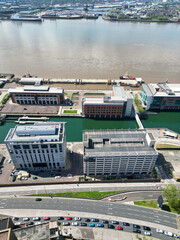 Obraz premium Historical and Modern Central Town Center and Downtown Buildings at British City Centre of Liverpool, Maritime city in northwest England, United Kingdom on Beach and Ocean Docks. May 5th, 2024. 