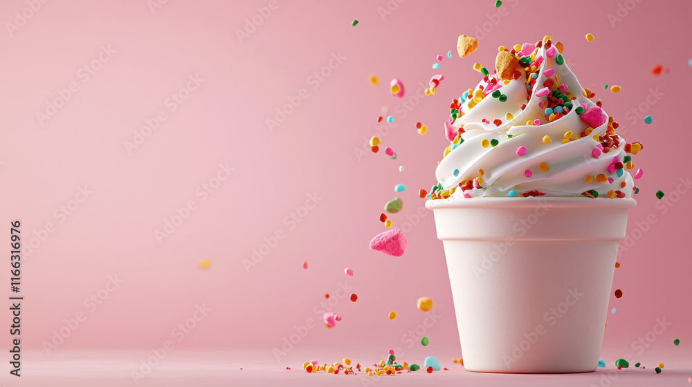 Poster delicious ice cream sundae topped with colorful sprinkles and soft pastel colors, creating joyful an