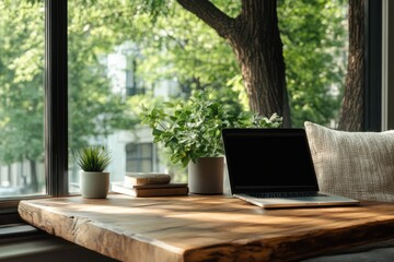 Cozy workspace by the window with greenery and natural light enhancing productivity and creativity