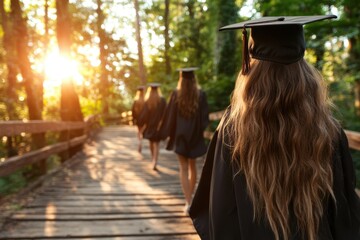 Graduates walking proudly along a sunlit forest path toward their future as the sun sets on a beautiful day