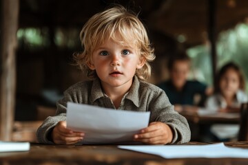 Young boy engaged in thoughtful reflection while holding a piece of paper in a rustic classroom setting