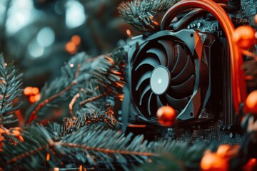 Festive computer parts adorned with holiday decorations in a cozy indoor setting