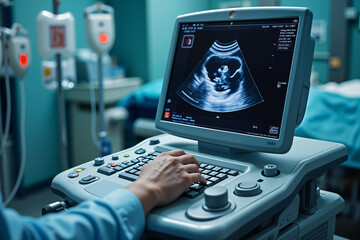 A medical professional operates an ultrasound machine, displaying a fetal image on the screen, in a clinical setting with IV stands nearby.