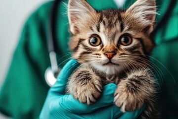 Caring for a playful kitten during a veterinary check-up in a bright clinic