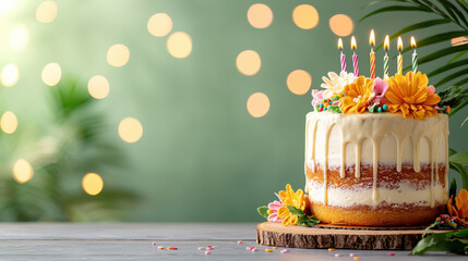 beautiful birthday cake decorated with frosting, flowers, and candles, set against soft green background with bokeh lights, creating festive atmosphere