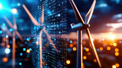 digital interface displaying wind turbine performance metrics with illuminated wind turbines in background, showcasing renewable energy technology and innovation