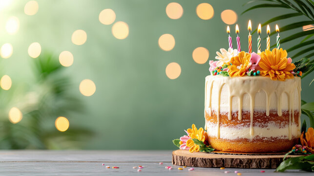 beautiful birthday cake decorated with frosting, flowers, and candles, set against soft green background with bokeh lights, creating festive atmosphere