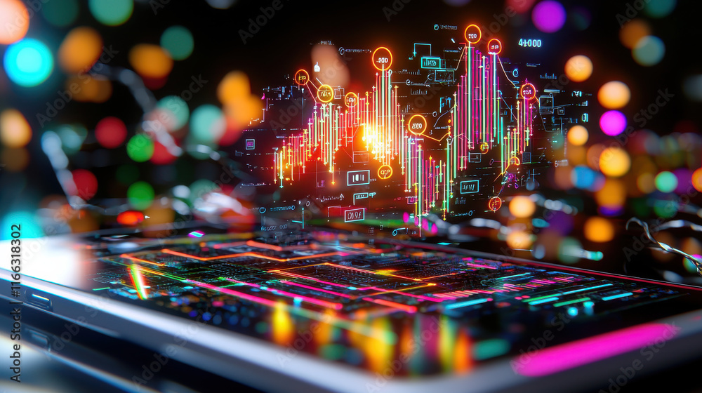 Poster close up of digital device displaying market segmentation data with colorful graphs and vibrant lights. image captures essence of technology and data analysis