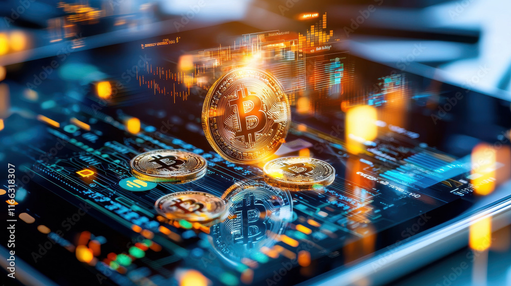 Leinwandbilder Digital device displaying cryptocurrency market trends with Bitcoin coins. vibrant graphics and data visualization create engaging atmosphere for financial analysis