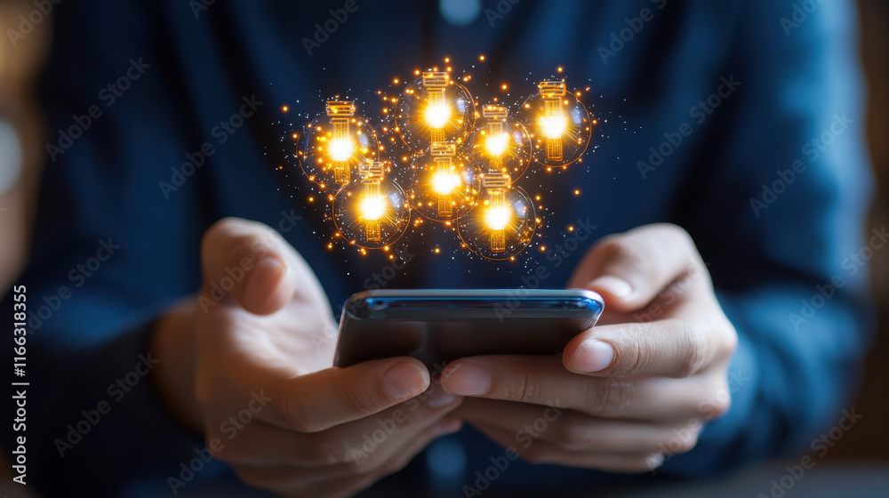 Poster person using smartphone to access social media, surrounded by glowing light bulbs, symbolizes creati