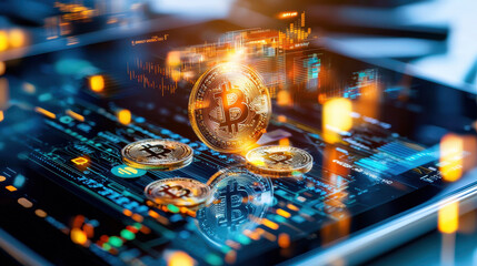 Digital device displaying cryptocurrency market trends with Bitcoin coins. vibrant graphics and data visualization create engaging atmosphere for financial analysis