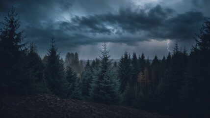 Lightning storm over dense pine forest at night