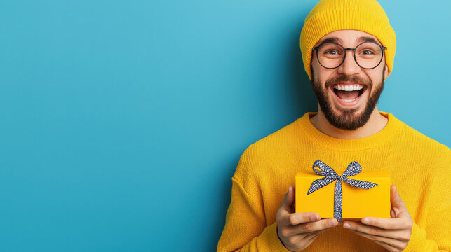 cheerful man in yellow sweater and beanie holds gift box, smiling against bright blue background. His joyful expression conveys excitement and happiness