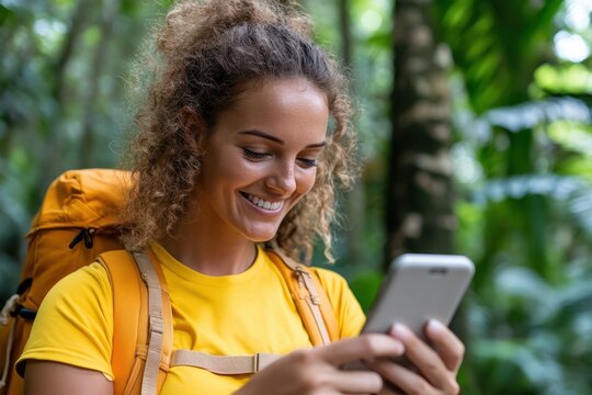 Smiling traveler explores vibrant rainforest while navigating with a smartphone