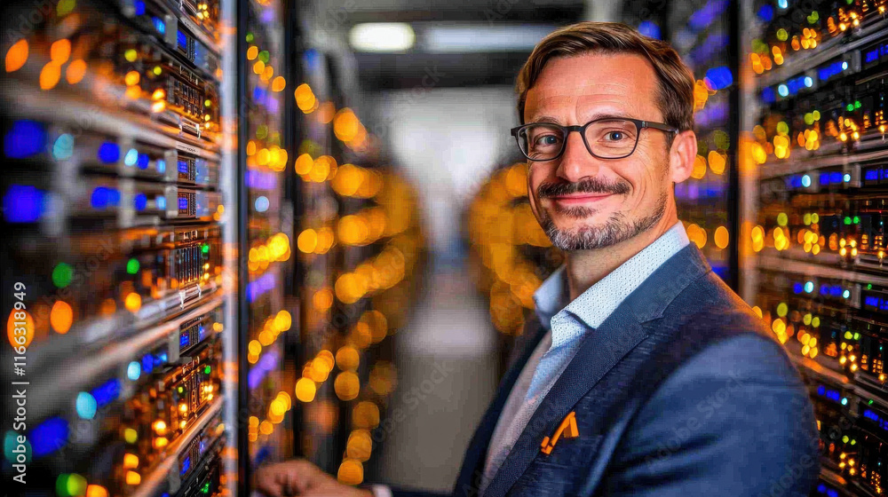 Poster smiling engineer in server room surrounded by illuminated servers, showcasing advanced technology and maintenance work