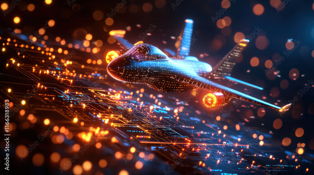 Fototapete futuristic aircraft design with glowing circuits and digital elements, showcasing advanced aerospace