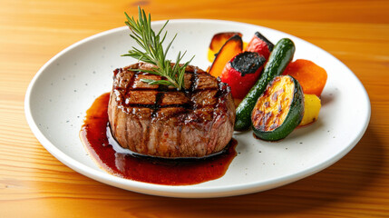 beautifully styled grilled steak served with charred vegetables, showcasing vibrant colors and rich textures. dish is garnished with fresh herbs, enhancing its appeal