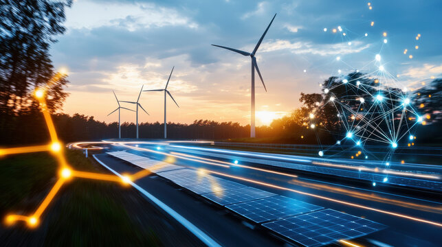 dynamic view of renewable energy systems featuring wind turbines and solar panels along road, showcasing integration of technology and nature at sunset