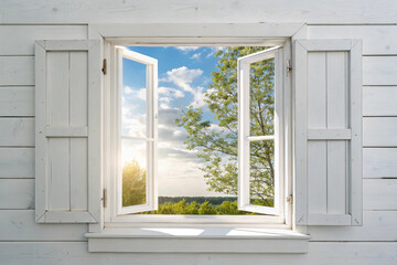 Fototapeta premium White wooden over summer window background