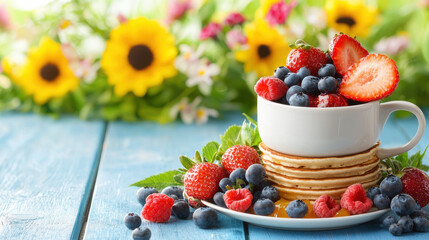 Delicious pancakes topped with fresh berries and flowers in background create vibrant and inviting breakfast scene. Perfect for gourmet morning treat
