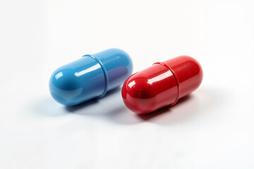 A blue and a red capsule pill are placed side by side on a white background. The pills appear to be identical in size and shape, with a smooth, glossy surface.
