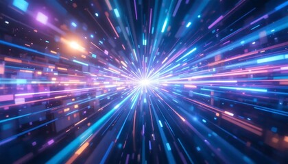 Naklejka premium Abstract Neon Lights Speed Tunnel, Futuristic Hyperspace Warp, Digital Data Stream Background