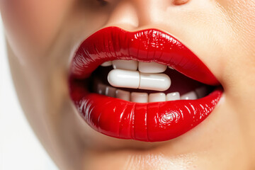 Obraz premium A close-up of glossy red lips holding two white pills between the teeth.