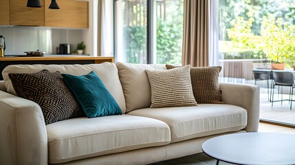 Fototapeta premium Beige Sofa With Decorative Pillows In Modern Living Room