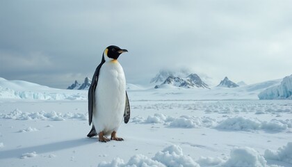 Naklejka premium A close-up of an Adelie penguin standing on the icy shoreline of the Antarctic Peninsula. Snow gently falling. Endless white terrain in the background. Peaceful and iconic wildlife scene.