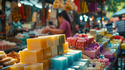 At a lively market, a vendor showcases colorful handmade soaps with natural fragrances, engaging customers by highlighting the sustainable methods behind their creation.