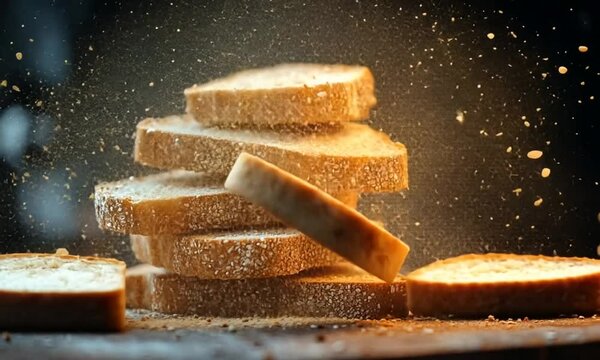 A stack of sliced bread with flour or sugar dusting, creating a dynamic food scene.