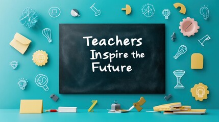 A chalkboard with the phrase "Teachers Inspire the Future" surrounded by icons.