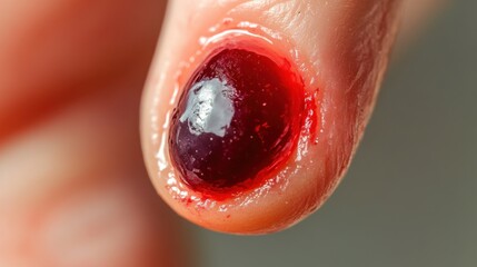 Fototapeta premium Close-up of a finger with a blood-filled injury.