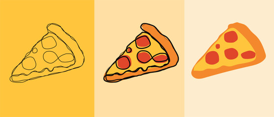 illustration of a pizza. pizza slice with salami,mushrooms, basil leaf and melted cheese for pizzeria package and menu designs. Flat Vector illustration