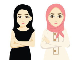 Woman Transformation. Life change from without to with moslem veil. The concept of gender equality and of the female empowerment movement. Flat illustration isolated on white background.