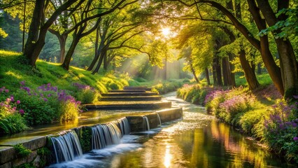 Obraz premium Serene Waterfall Cascading Through a Sunlit Forest Stream
