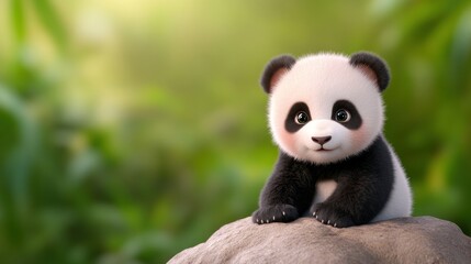 Obraz premium A cute panda cub sitting on a rock in a lush green environment.