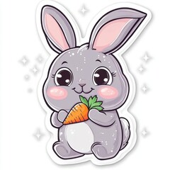 Obraz premium A cute cartoon bunny holding a carrot, with a cheerful expression.