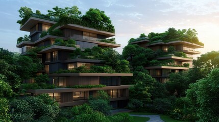 Fototapeta premium Modern eco-friendly buildings surrounded by lush greenery