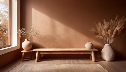 Empty Brown Wall Mockup in Boho Room Interior with Wooden Bench and Porcelain Vase. Natural Daylight From a Window. Promotion Background.