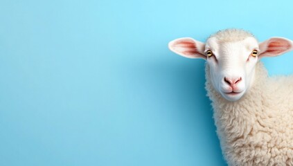 Obraz premium A close-up of a sheep against a light blue background.