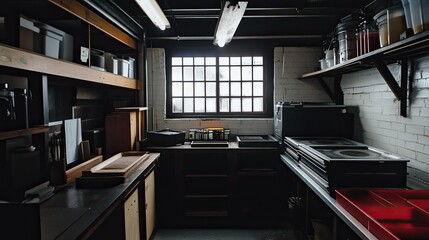 Fototapeta premium A professional darkroom setup with advanced enlargers, high-quality trays, and shelves of developing chemicals.
