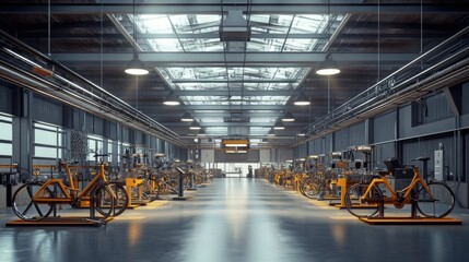 A spacious bicycle factory showcasing rows of frames in different stages of assembly, with a sleek industrial design.