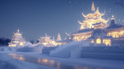 A winter festival featuring snow sculptures of ancient temples and palaces, glowing softly under a clear night sky.